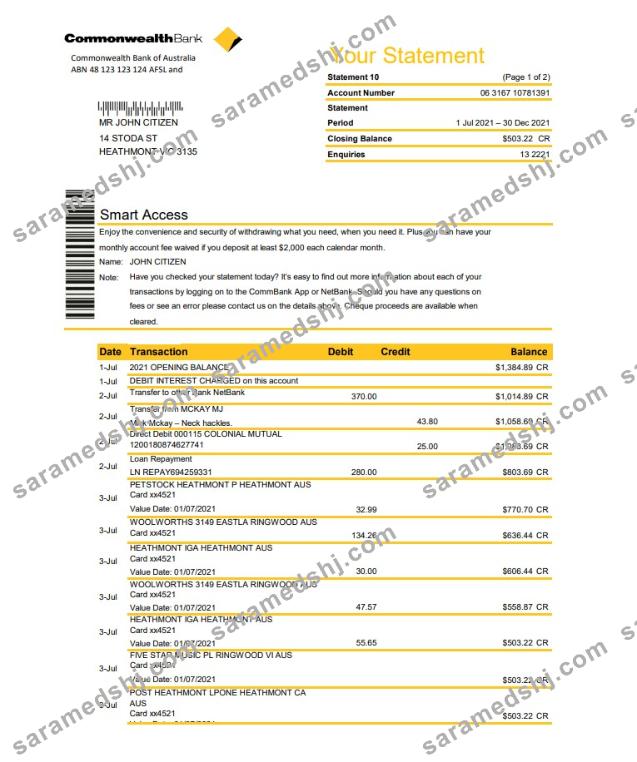 Australia Commonwealth Bank statement template in Excel and PDF format, fully editable